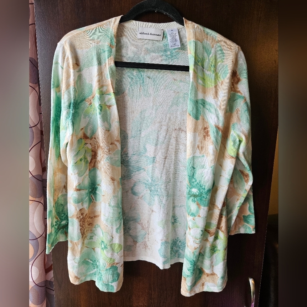 Alfred Dunner Floral Open Cardigan - Mint, Beige, White Size Medium